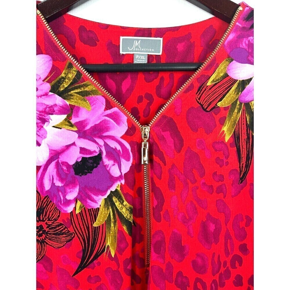New JM Collection Women Sz PXL Red Pink Zip Neck Blouse Roll Tab Sleeve Tunic U4 - Picture 9 of 11